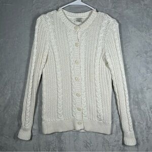 LL Bean Women’s XS Cable Knit Cardigan Sweater White Cotton Crew Neck Button Up